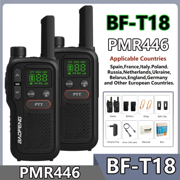 Baofeng BF-T18 PMR446 Walkie Talkie Type-C Charge European 446MHz 16 Channels Long Range Upgraded BF-T20 Mini Two Way Ham Radios