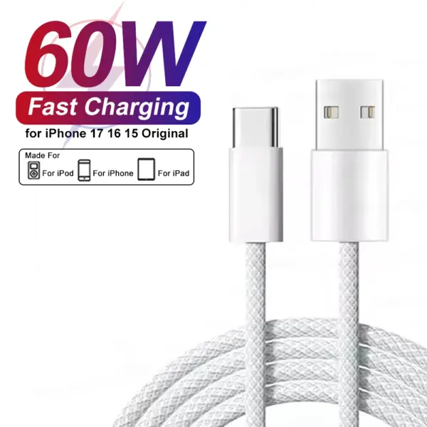 60W USB C Phone Cable For iPhone 16 15 17 Pro Max 17 Air Plus Fast Charging Type-C Charge Braided Cables USB to Type C Data Line