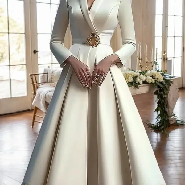 Elegant Women's Dress Wrap V Neck Long Sleeve Pleated Midi Dress Waisted Evening Party Dress Women's Long Dress Vestidos