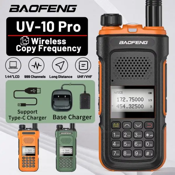 Baofeng UV-10 Pro Walkie Talkie Wireless Copy Frequency Dual Band 999CH Type-C Charging Long Range UV-5R Ham Two Way Radio