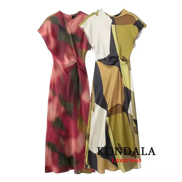 KONDALA Vintage Casual Chic Women Dress Print O-Neck Folds Short Sleeve Long Vestidos Fashion 2025 Summer Beach Holiday Dress