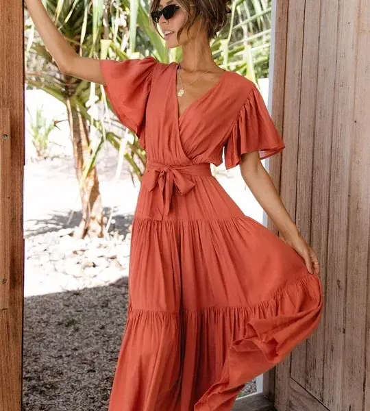 Trendy Solid Color Ruffles Long Dresses Women Sexy V-neck Ruffle Sleeves Leace-up Temperament Elegant Lady Dress 2024 Summer New