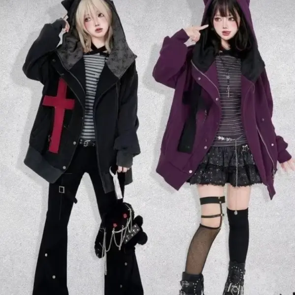 2025 Harajuku Casual Cross Patchwork Hoodies Women Y2k Aesthetic Loose Zipper Coats Streetwear Loose Pocket Grunge Sweatshirt