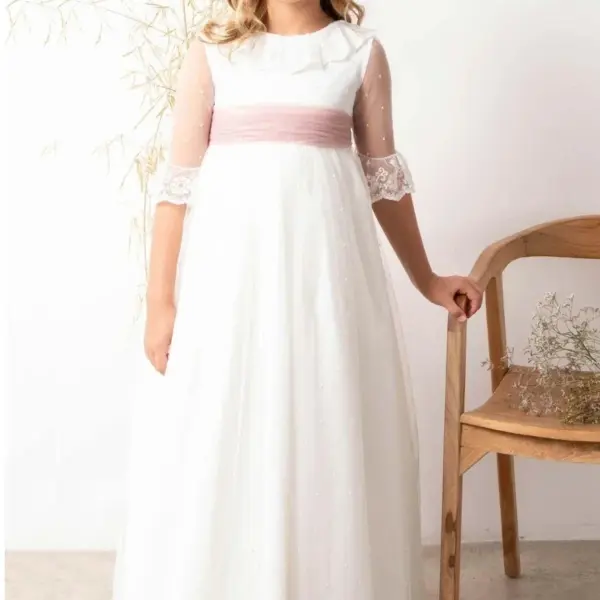 First Communion Gown Flower Girl Dress Half Sleeve Lace Bow Sash Tulle Appliques Wedding Dresses Party Kids Birthday Gowns