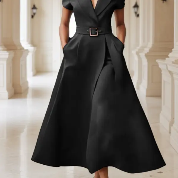 Elegant Black Women's Dress Office Lady Temperament Short Sleeve A-Line Long Dress Female Midi Party Vestidos Robe With Belt
