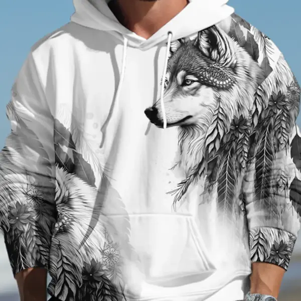 Wolf Graphic Men's 3D Print Pullover Streetwear Hoodies Dark Green Long Sleeve Hooded Spring & Fall Designer Top