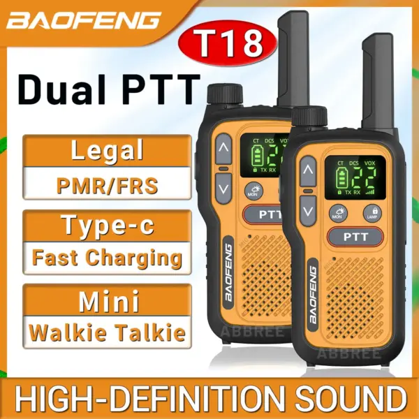 2PCS Baofeng BF-T18 Mini Walkie Talkie Long Range PMR FRS Dual PTT NOAA VOX FM Two Way Radio Type-C Charger For Travel Camping