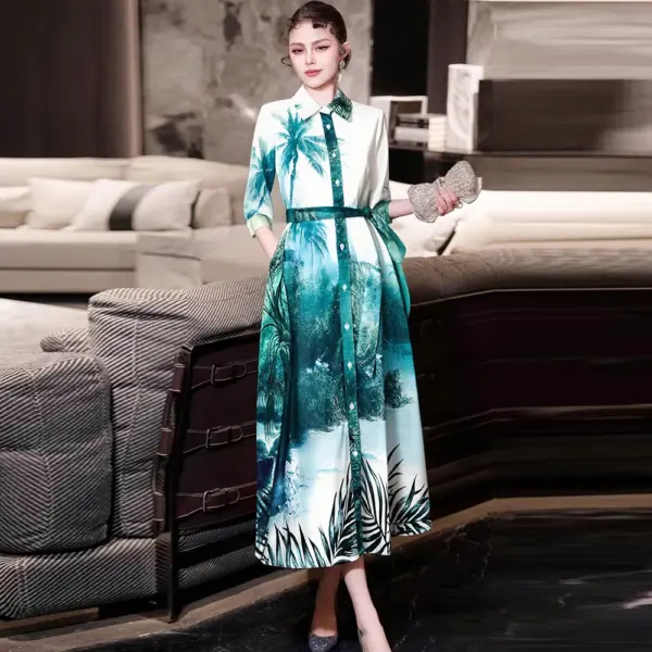 ZJYT Autumn New Runway Fashion Print Midi Shirt Dresses for Women 2025 Single Breasted Lace Up Casual Holiday Dress Female