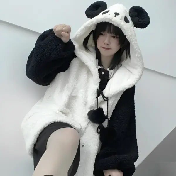 Winter Kawaii Hoodies Women Panda Ears Hooded Sweatshirt Plush Balls Zip-up Loose Cute Sudadera Teenager School Girls JK Clothes