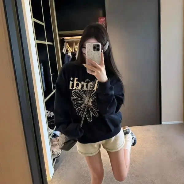 Black round Neck Printed Sweatshirt Women's Loose Fit Comfortable Korean Style Casual Top 2025 New Fashion Plant Floral Pattern