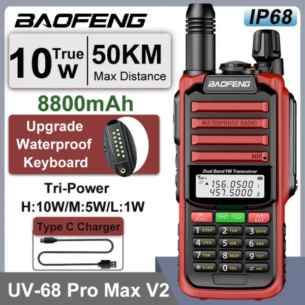 UV-68 Pro Max V2 IP68 Waterproof Walkie Talkie 8800mah Battery Type C UHF VHF Dual Band 128 Channels UV-S22 UV-98 Pro Red Radios
