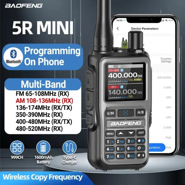 Baofeng UV-5R Mini Walkie Talkie Bluetooth Programming Wireless Copy Frequency Full Band 999CH AM FM Type-C Long Range Ham Radio