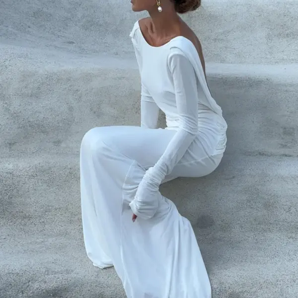 kliou Solid Elegant Women Maxi Dress Simple Fall Classic Trend Full Sleeve Swinging Backless Sheath Vestidos Mujer Evening Robe