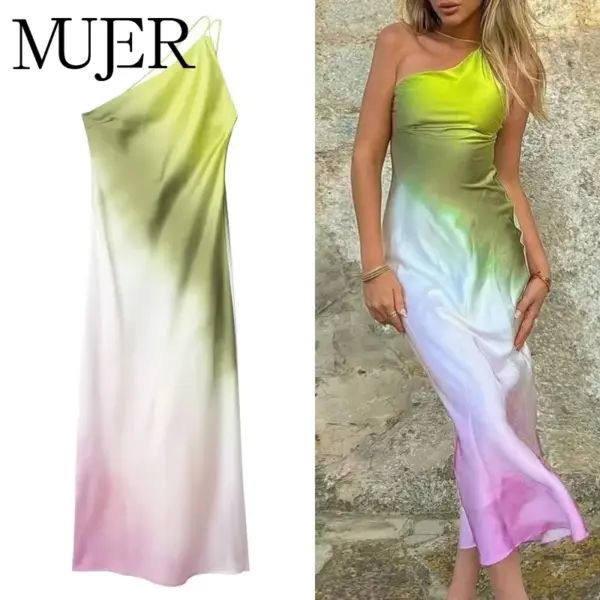 MUJER Tie Dye Long Dress Women Asymmertic Satin Backless Dress Woman Off Shoulder Sexy Evening Party Dresses Midi Summer Dresses