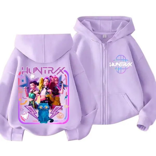 Children Tops Hoodie KPop Demon Hunters Zipper Style Purple Coat Boys Black Girls Pink Sweatshirt Clothing Age 3-12 Kid Suitable