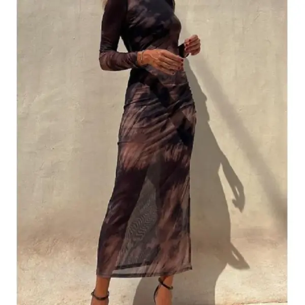 Tie Dye Printed Mesh See Through Women's Long Skirt Sexy Slim Fit Split Party Evening Dress 2024 Spring New Fashion Club Vest