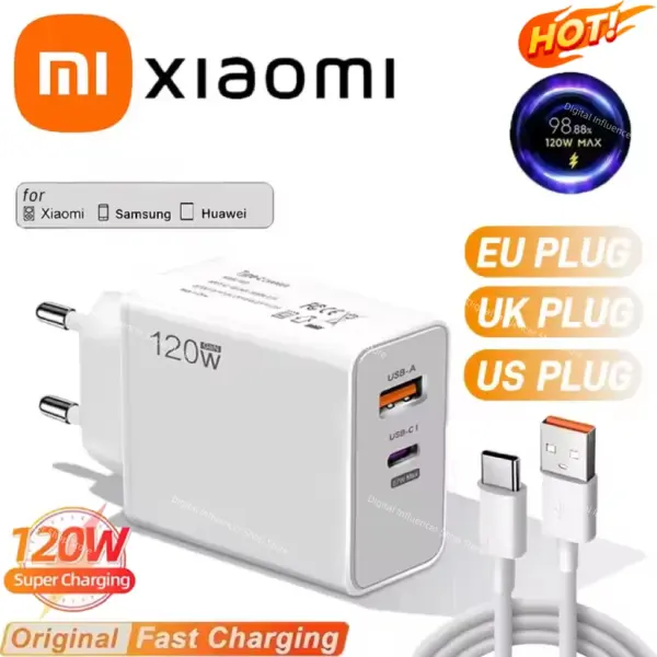 Xiaomi 120W USB Type C Charger Fast Charging Data Cable Phone Charger EU/US/UK Adapter For Samsung IPhone Huawei Wall Charger