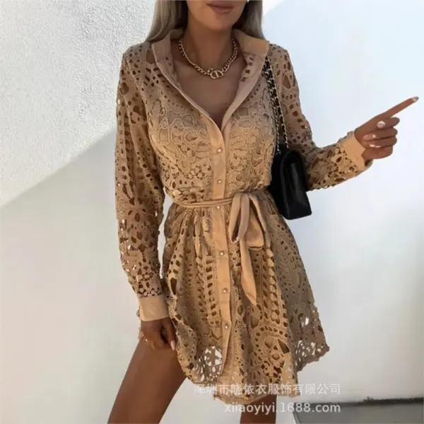 Fashion Lace Shirt Single-breasted Long-sleeved Dress Women's Autumn New Loose Lace-up Waist Elegant Woman Dress Short Skirt2025