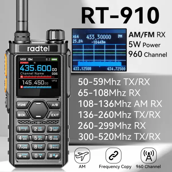 Radtel RT-910 5w Multi band 6 Meter Walkie Talkie 45-59Mhz TX/RX with 960 Channels AM/FM Two Way Radio Air Band Type C Spectrum
