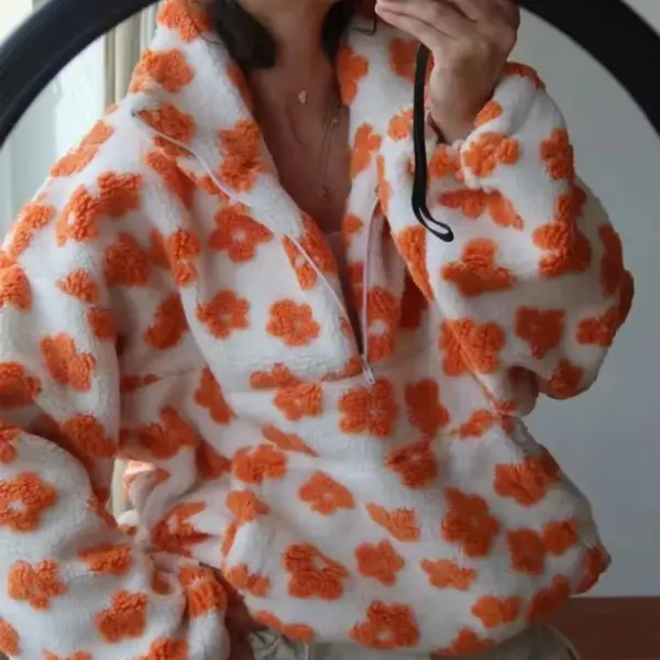 New Autumn Winter Women's Sherpa Floral Casual Pullover Hoodies Half Zip Style Loose Warm Fleece Lining Sweatshirt