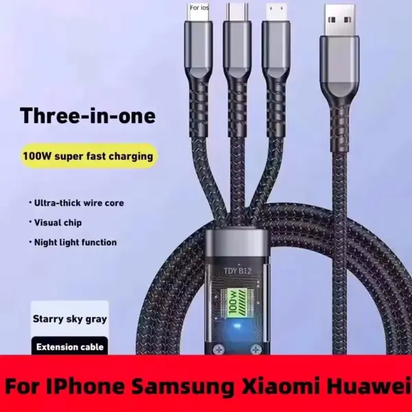 Luminous data cable 3 in1 mobile phone charging cable 100W fast charge braid typec data cable for iPhone Samsung Xiaomi Huawei