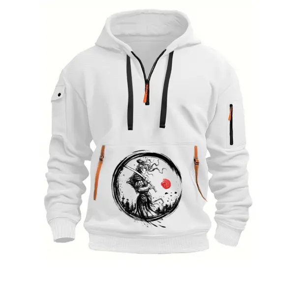 Japanese Samurai Graphic 2025 New Multi Pocket Zipper Fleece Hooded Casual Shirt Men Loose Pullover Fashion Sweatshirt Top