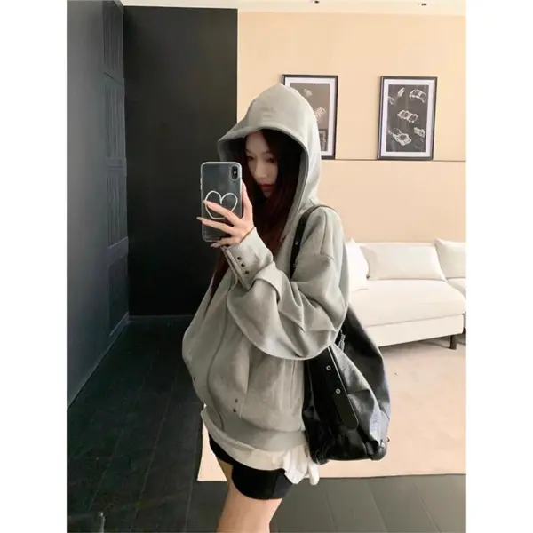 American Style Spicy Girl Design Sense Rivet Hoodie Jacket Women's Loose Grey Open Cardigan Top Trendy Long Sleeve Zipper