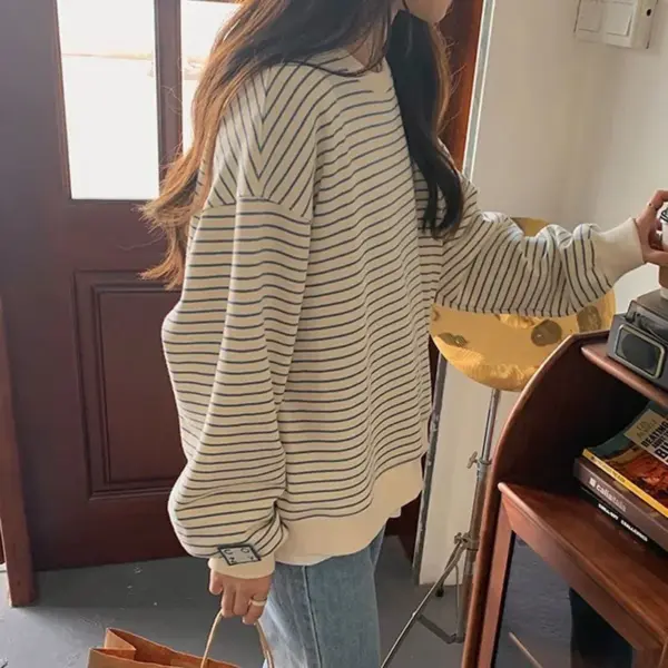 Striped Loose Long Sleeve Hoodie Women's Fashionable Spring New Korean Style Ageless Match All Cotton round Neck Sweatshirt