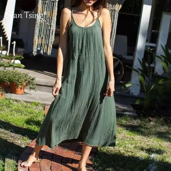 Muslin 100% Cotton Summer Dress Sexy Loose Green Dress Sleeveless Maix Long Dress Sexy Women's Summer Suit Daily Casual Sundress