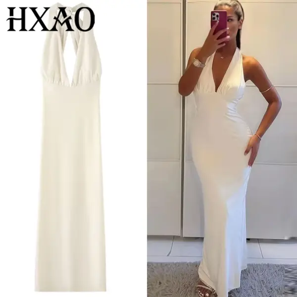 HXAO Womens Dresses Halter White Deep V-Neck Backless Long Dresses Maxi Evening Wedding Party Dresses Elegant Prom Dresses 2025