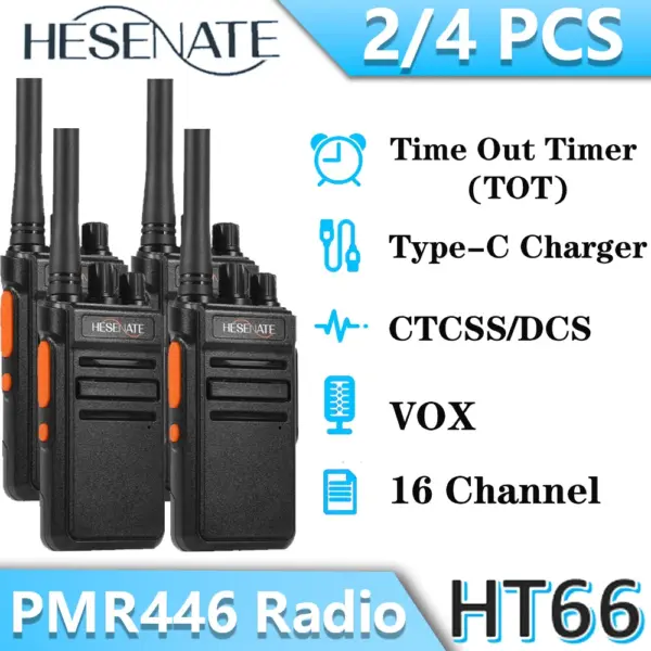HESENATE HT66 2/4PCS Long Range Walkie Talkie License-Free PMR446 Hands-Free VOX, Rechargeable USB Charger for Hiking & Work