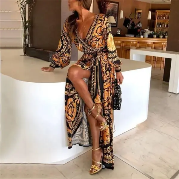 Women Elegant Retro Print Long Sleeve Summer Casual Fashion Vacation Style Bohemian V-Neck Big Sway Split Beach Robe Long Skirt