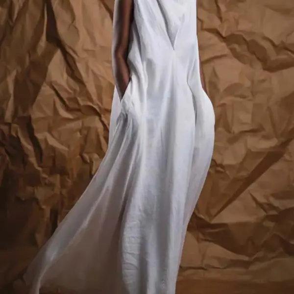 Elegant Women's Deep V Neck Sleeveless Linen Maxi Dress Casual Streetwear Fashion Long Flowy Plain Dress