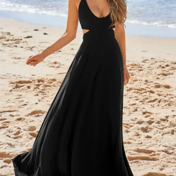 Women's solid color backless halter dress, bohemian style sleeveless tie-back A-line dress, perfect for beach vacations, suitabl