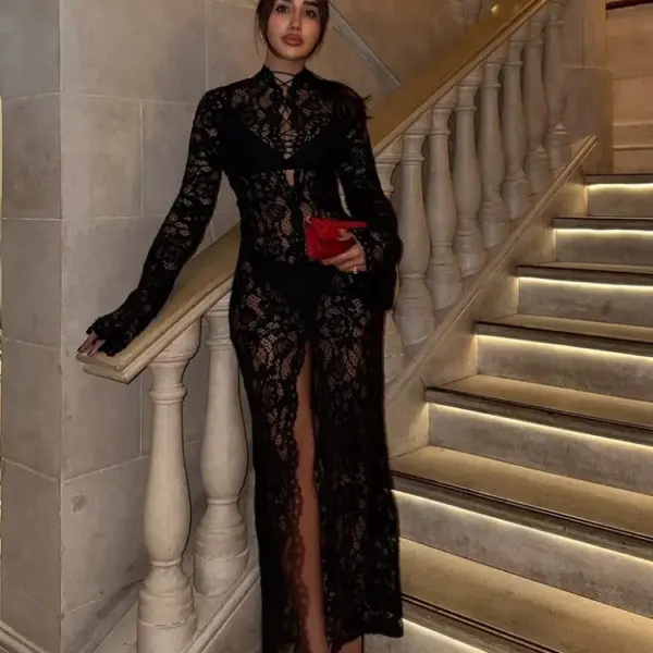 Sexy Hollowed Out Perspective Dress Lady Full Sleeve Waist Cinching See Through Split Maxi Dresses Women Vacation Party Gowns