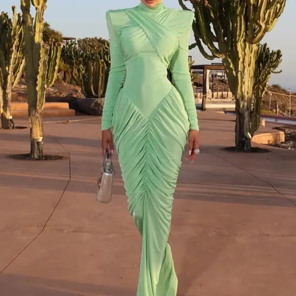 Weird Puss Autumn New Style Maxi Dress Women Turtleneck Full Sleeve Backless Skinny Stretch Prom Party Ruched Elegant Vestidos