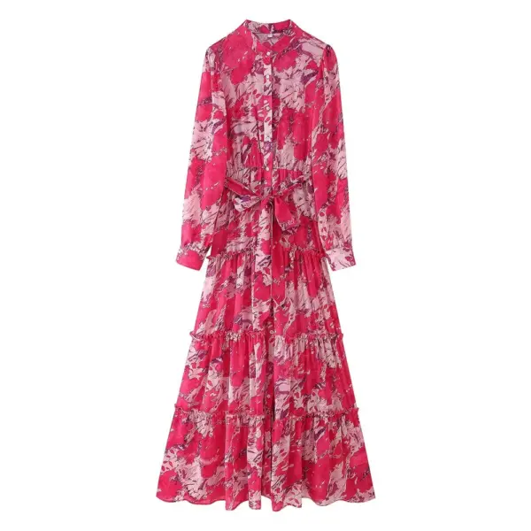 Women's Fashion Simple Chiffon Stacked Belt Dress Spring New Long Sleeve Stand up Collar Slimming Long Dress