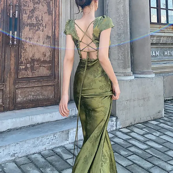 2025 New Summer Women's Long Dress Turquoise Green V-neck Backless Satin Jacquard Slim Elegant Party Evening Sexy Female Dresses