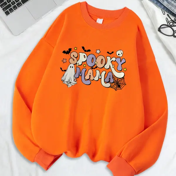 Halloween Spooky Mama Printing Sweatshirts Womens Fleece Warm Loose Hoodies Crewneck Basics Tops Winter Casual Woman Clothes