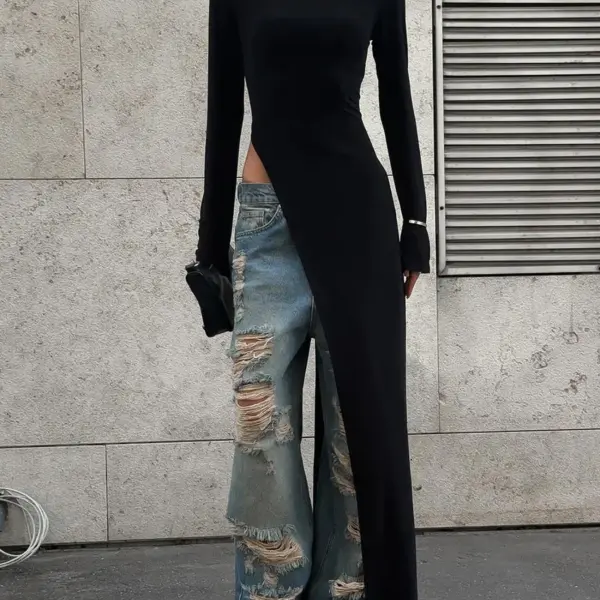 Dulzura Long Sleeves Side High Slit Maxi Dress Solid Sexy Long Dress Women’S Party Club Streetwear Autumn Winter Outfit