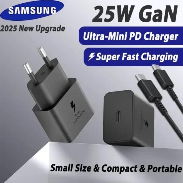 Mini Samsung 25w Power Adapter Charger Set GaN Super Fast Charging TypeC PD Cable Galaxi Galaxy S24 Note 20 S25 M36 M06 M16 A52s