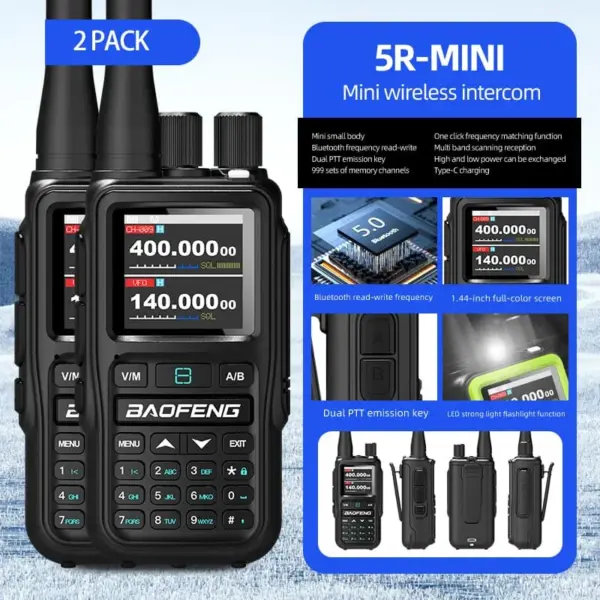 Baofeng UV-5R Mini 5W Walkie Talkie (2 Pack) | Bluetooth APP, NOAA Weather, 999 Ch | USB-C Charging for Outdoor/Hunting