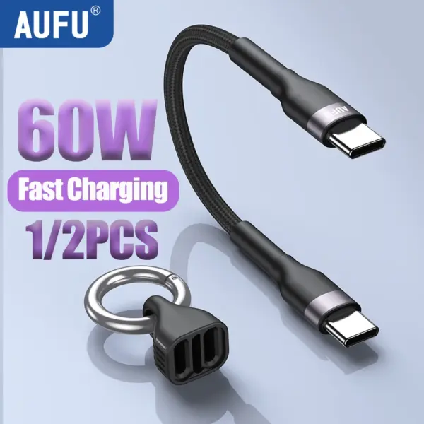 AUFU Portable Keychain USB C Charger Cable Short 60W Fast Charging Cord Type C Short Charging Cable for Phone MacBook Power Bank
