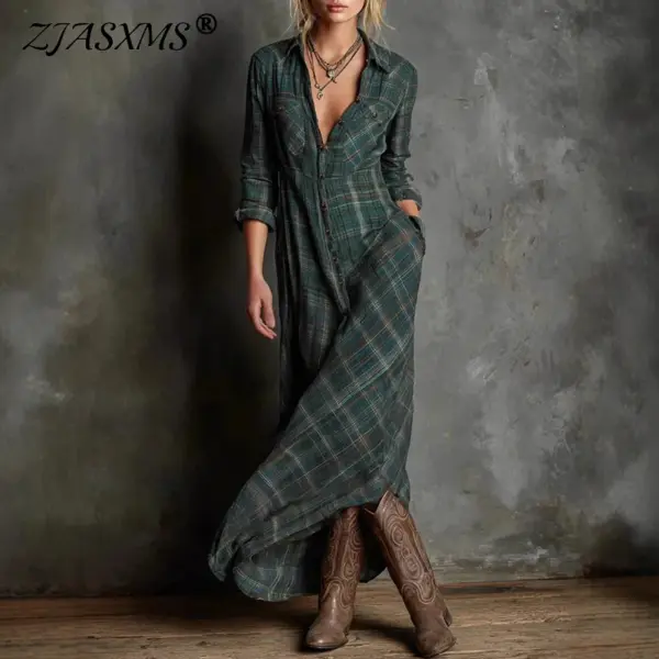 Retro Plaid Print Button Lapel Shirt Long Dresses Woman Spring Sexy High Waist Pocket Party Dress Long Sleeve Loose Autumn Dress