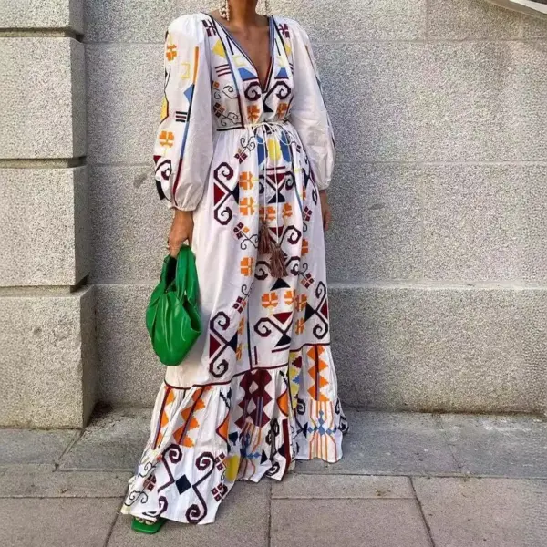 Bohemian Maxi Dress: Vacation - Style Deep V - Neck Lantern - Sleeve Belted Printed Long Dress
