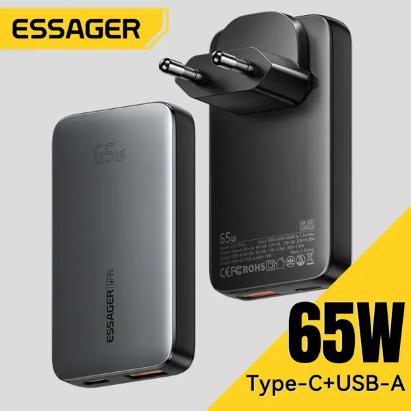 ESSAGER 65W GaN Charger PD Charge Type C USB Charger Support QC PPS Portable Fast Charger For iPhone 16 15 14 13 Laptop Charger