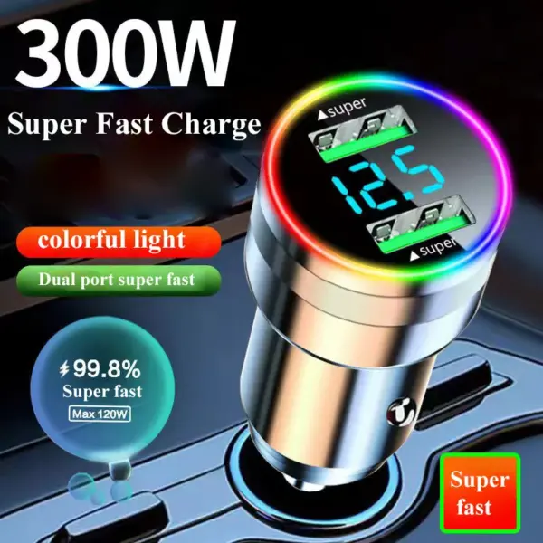 300W Dual Port USB Car Charger with LED Light Voltage Monitor Super Fast Charging Vehicle Adapter for iPhone Samsung Huawei OPPO