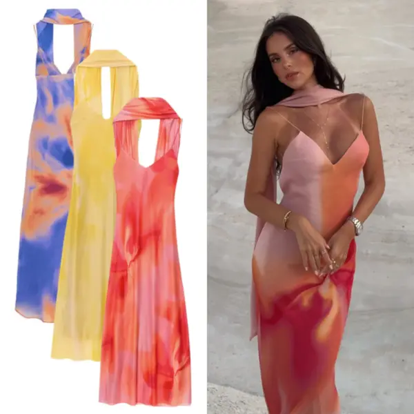 UNIZERA Scarf Printed Backless Long Dress 2025 Summer New Arrivals Women's Wear Elegant Satin Textured Dress
