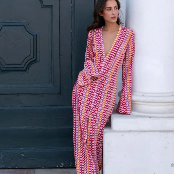 2024 Women Deep V Neck Casual Bohemian Maxi Dress Elegant Straight Flare Long Sleeve Vestidos Sexy Beach Vacation Party Robe
