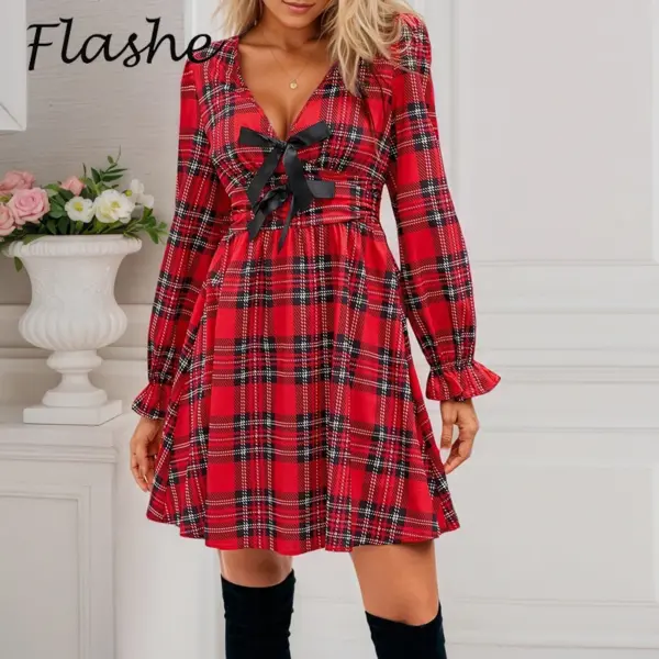 Fashion V Neck Plaid Printed A-line Mini Dress Women Casual Long Sleeve Knot Design Party Dress Women Christmas Dresses Red